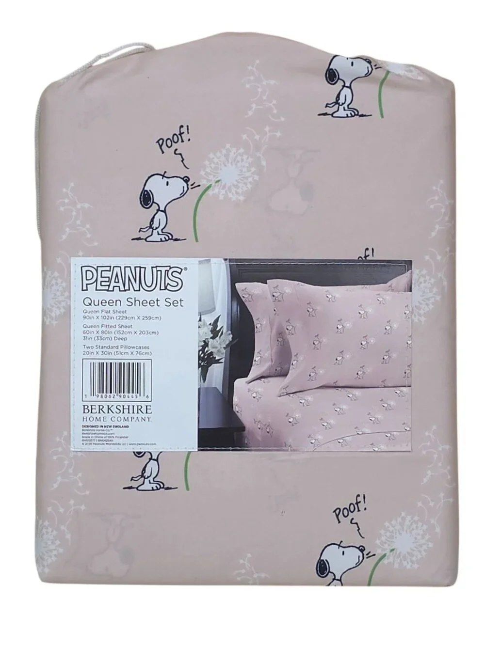 Peanuts Snoopy Queen Sheet Set By Berkshire Pale Pink with Dandelion & Poof